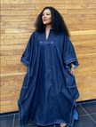Loose-Fit Long Traditional Coat with White Stitch Trim and Wide Sleeves