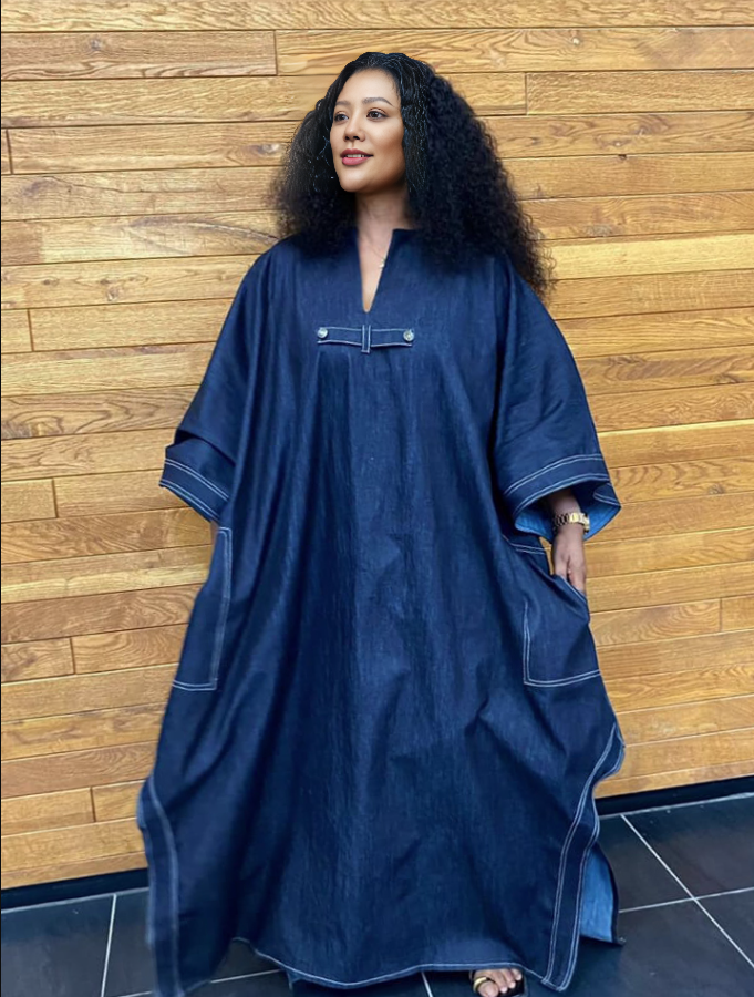 Plus size denim coat dress in dark blue, V-neck, button placket, wide sleeves