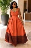 Women's Orange Beaded Traditional Maxi Dress with Black Striped Hem