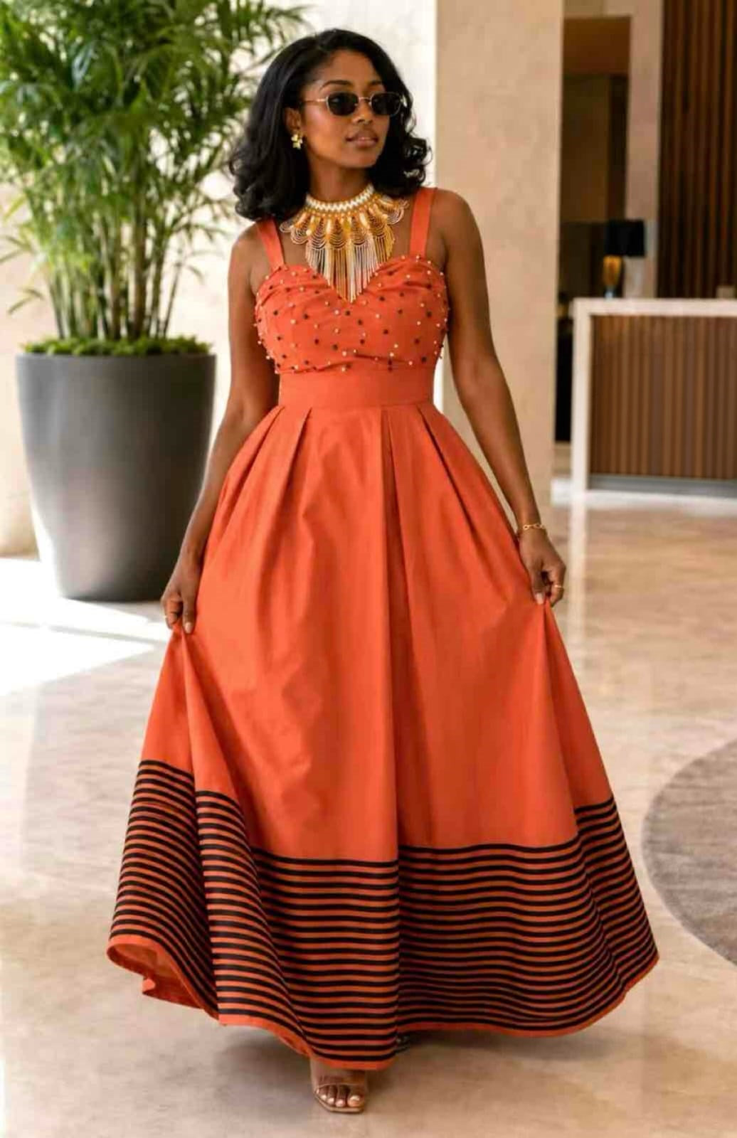 Women's Orange Beaded Traditional Maxi Dress with Black Striped Hem