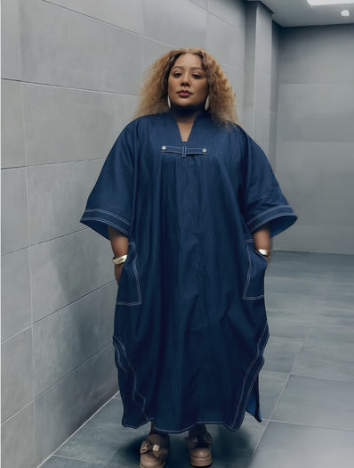 Loose-Fit Long Traditional Coat with White Stitch Trim and Wide Sleeves