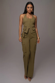 Army-green cargo pant and halter vest twin set with multiple cargo flap pockets