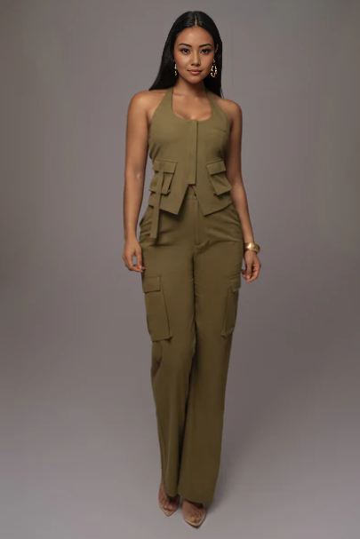 Army-green cargo pant and halter vest twin set with multiple cargo flap pockets