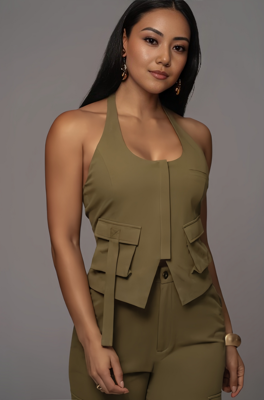 Army-green cargo pant and halter vest twin set with flap pockets and zip front
