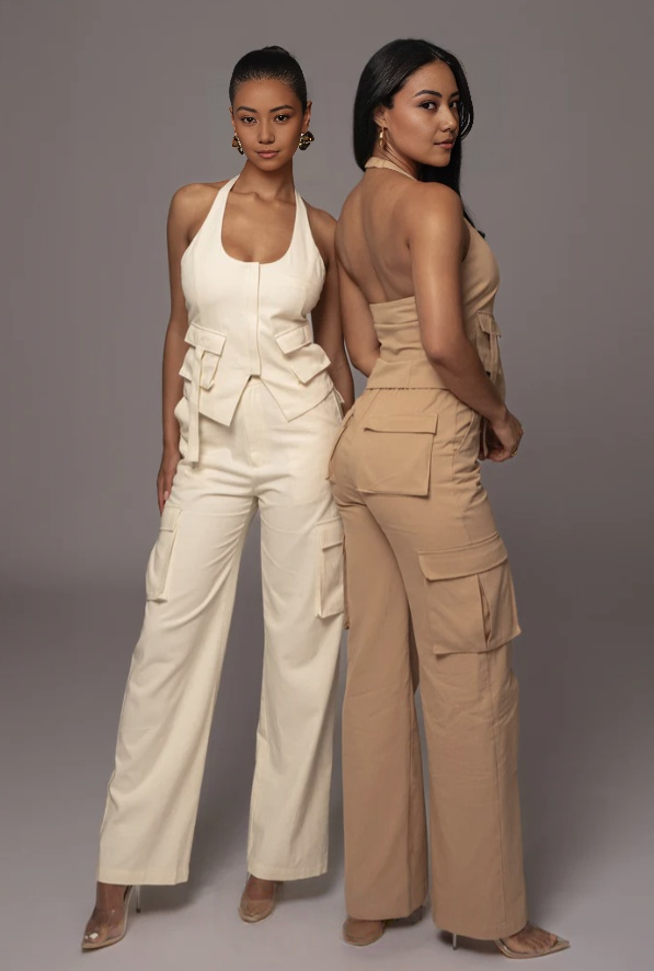 Cream cargo pant and halter vest twin set with flap pockets and adjustable waist