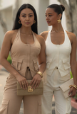 Nude/beige cargo pant and halter vest twin set with front flap pockets