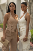 Beige cargo pant and halter vest twin set with flap pockets and adjustable fit