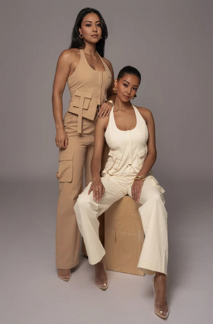 Cream cargo pant and halter vest twin set with flap pockets and layered bib panels