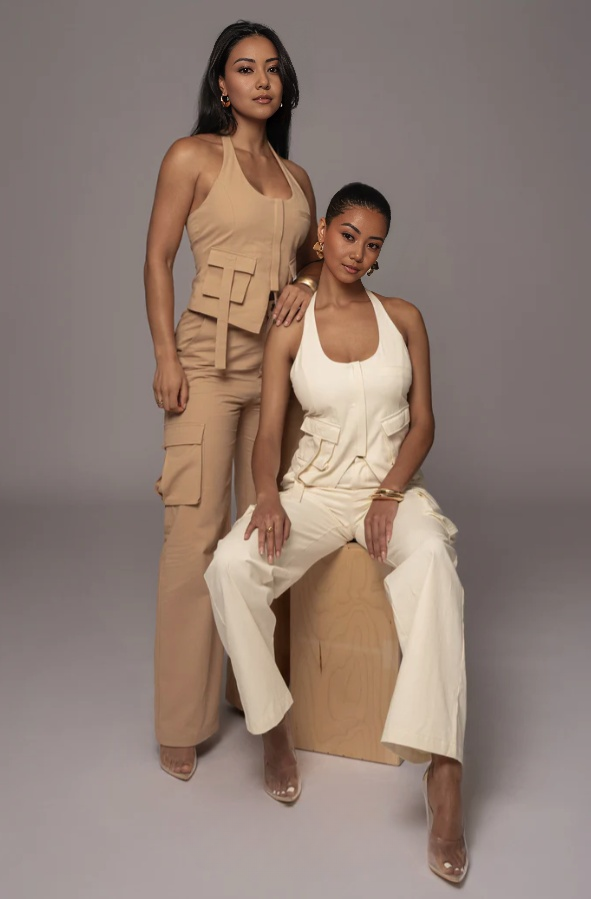 Cream cargo pant and halter vest twin set with flap pockets and layered bib panels