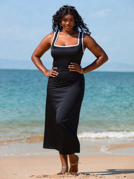 Black sleeveless midi A-line dress with contrast white trim and square neckline