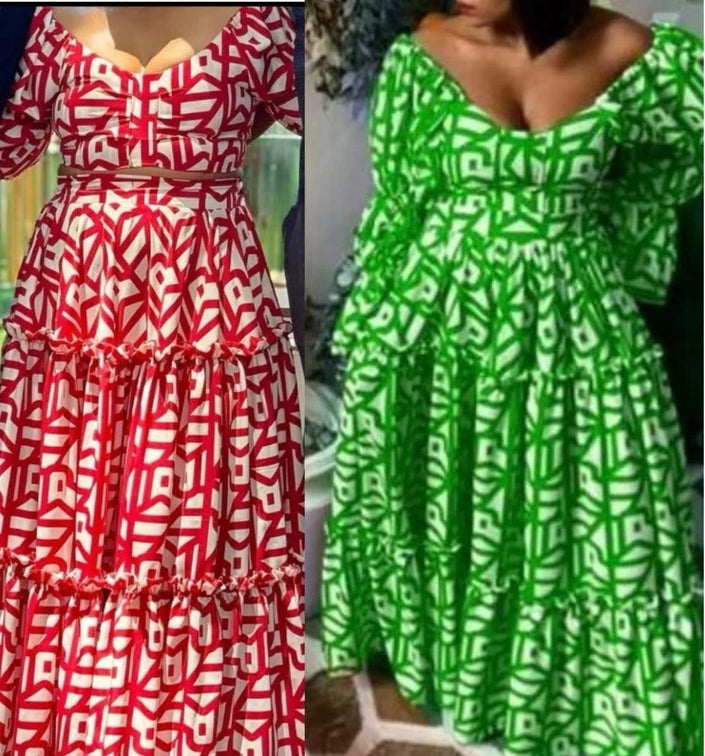 Geometric printed maxi dress with layered skirt, square neckline, red and green