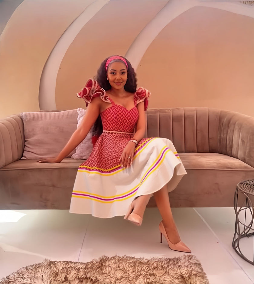 Ethnic Style Geometric Pleated Dress with Wavy Sleeve