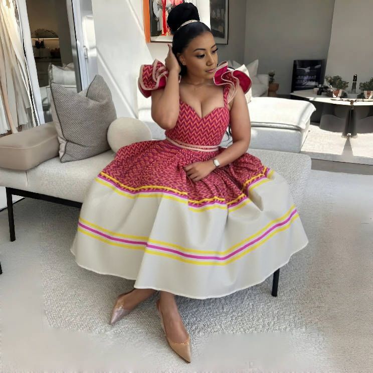 Ethnic Style Geometric Pleated Dress with Wavy Sleeve