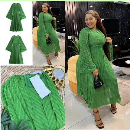 Light-green pleated midi dress with round neck, long sleeves, gathered skirt