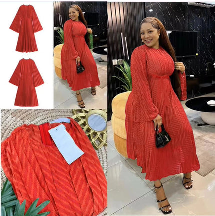 Red pleated midi dress with round neck, long sleeves, gathered skirt detail