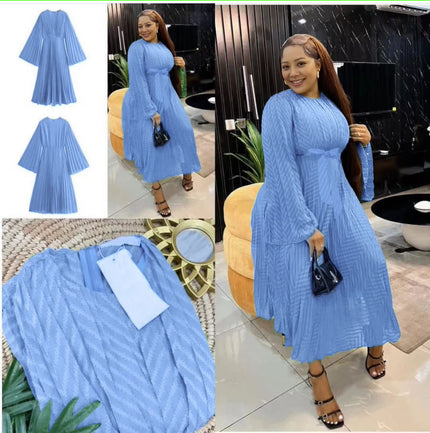 Sky-blue pleated midi dress with round neck, long sleeves, gathered skirt detail
