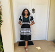 Embroidered midi dress with puff sleeves, V-neck, black with white tiered embroidery