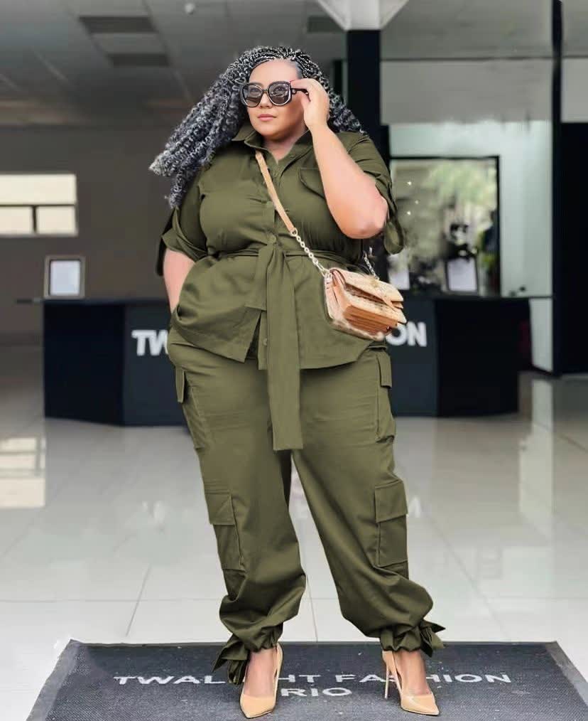 Dark olive knotted blouse and cargo pants twin set with waist-tie closure