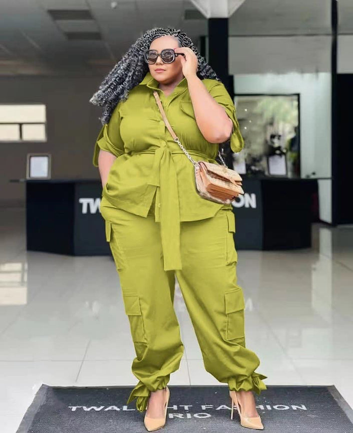 Lime green knotted blouse and cargo pants twin set with adjustable waist tie