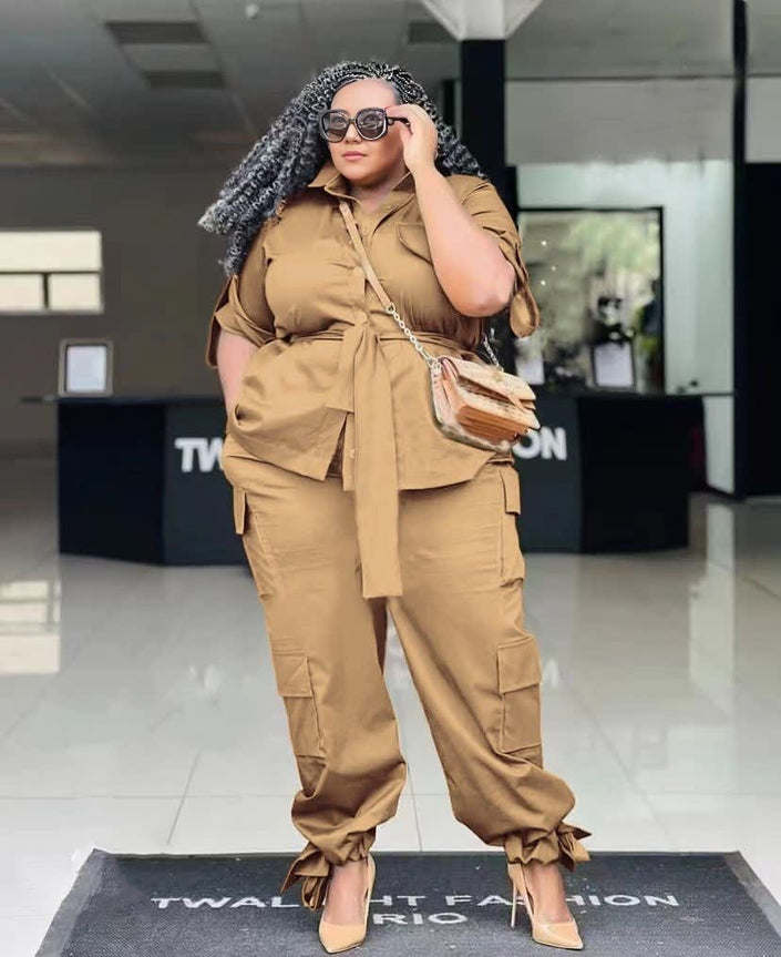 Khaki knotted blouse and cargo pants twin set with waist-tie detail