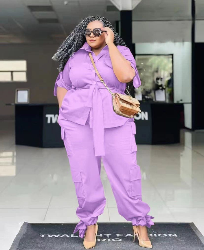 Purple knotted blouse and matching cargo pants twin set, adjustable waist ties