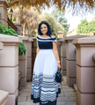 Off-shoulder A-line maxi dress, navy-and-white striped bodice and skirt