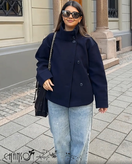 Black high-neck double-breasted city coat, long sleeves, button front