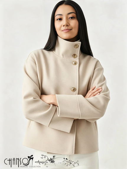 Beige double-breasted coat with high neck and button front
