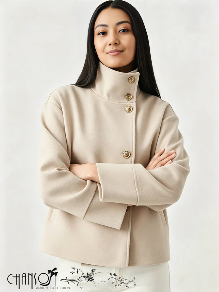 Beige double-breasted high-neck coat with gold button placket