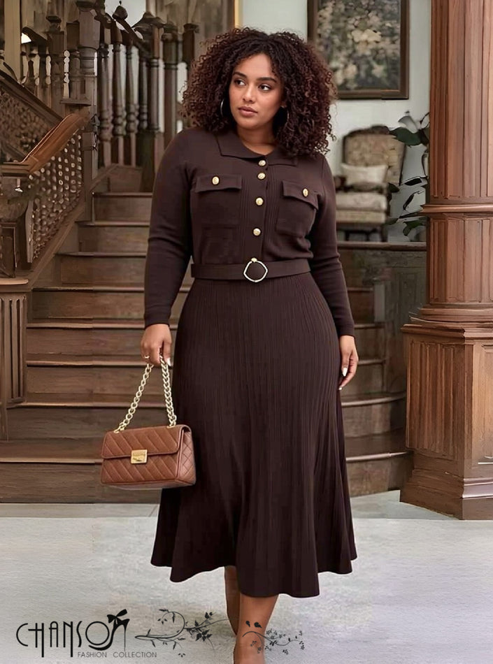 Brown pleated midi knit dress with lapel collar, button front and waist belt.