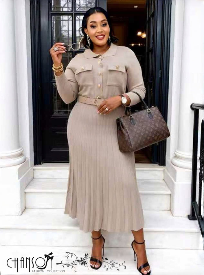 Light beige pleated midi knit dress with lapel collar and buttoned front.