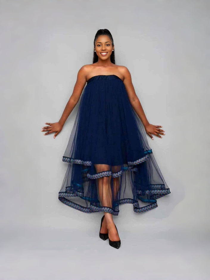 Strapless tulle high-low dress with ribbon-trim hem, dark blue