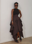 Coffee two-piece set with sleeveless high-neck top and high-waist asymmetric hem skirt