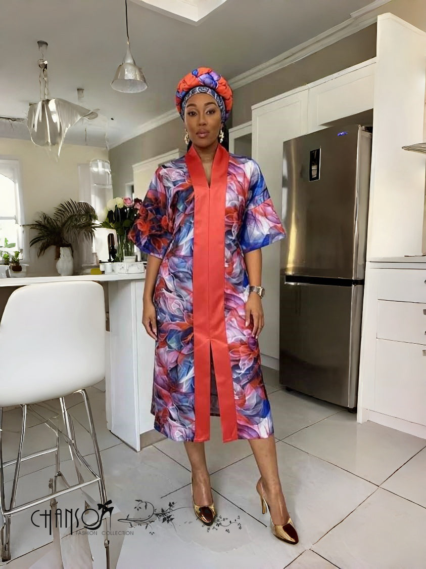 Floral maxi dress with V-neck, blue-purple and orange print, orange headband