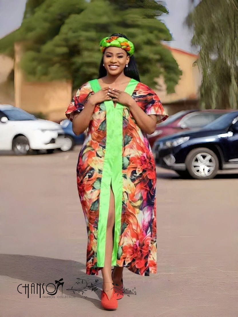 Floral maxi dress with V-neck, orange and green floral print, green headband