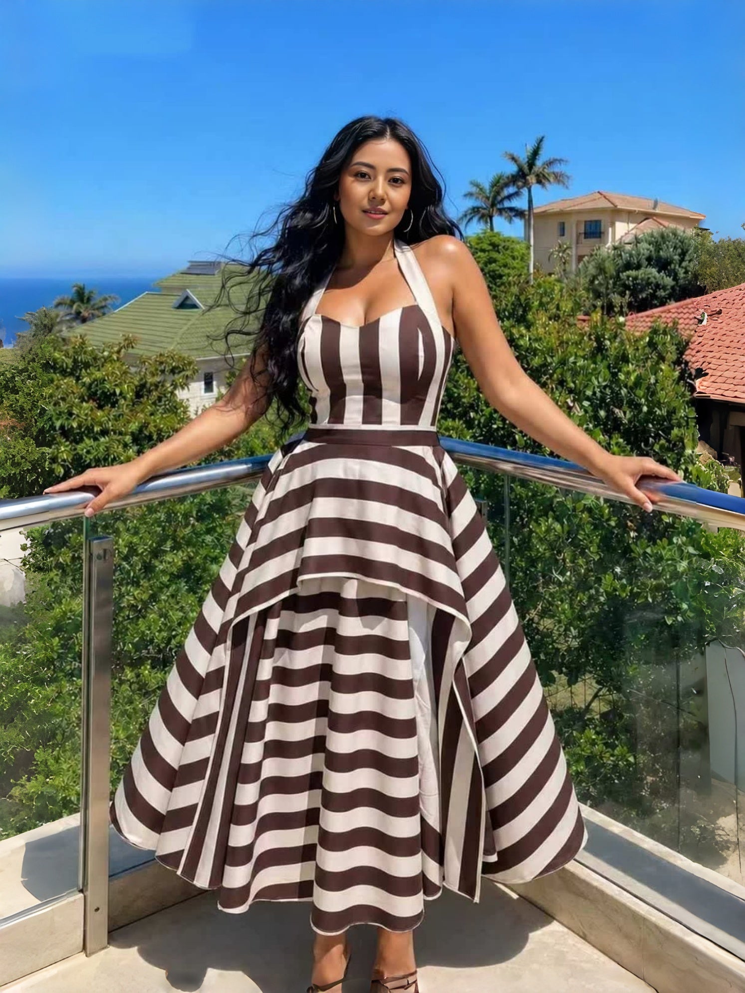 Women’s striped halter-neck midi dress, brown and white, sleeveless with flared skirt