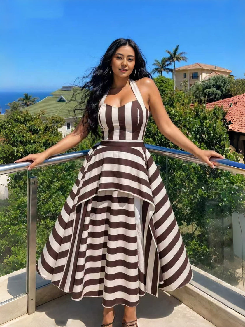 Women’s striped halter-neck midi dress, brown and white, sleeveless with flared skirt