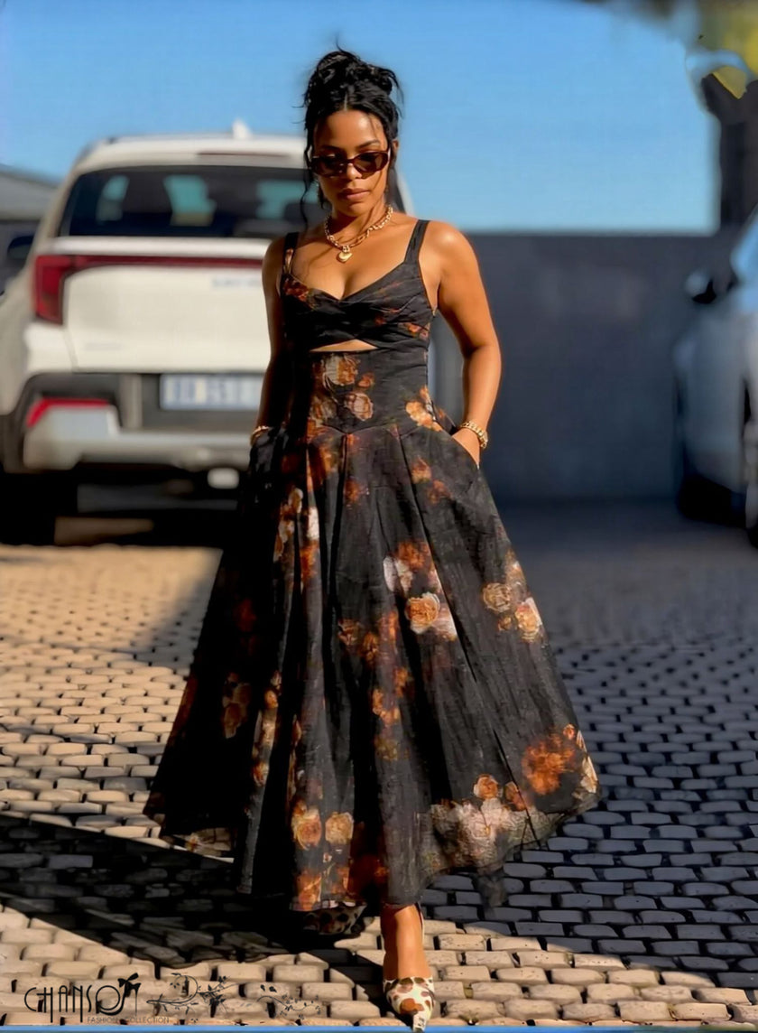 Spaghetti Strap Cutout Midi Dress Twisted Bust Floral Print Pocket Occasion Dress