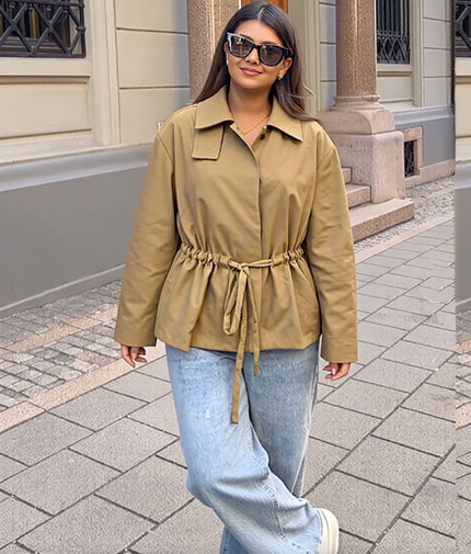 Women short trench coat, brown, collared with drawstring waist and button front