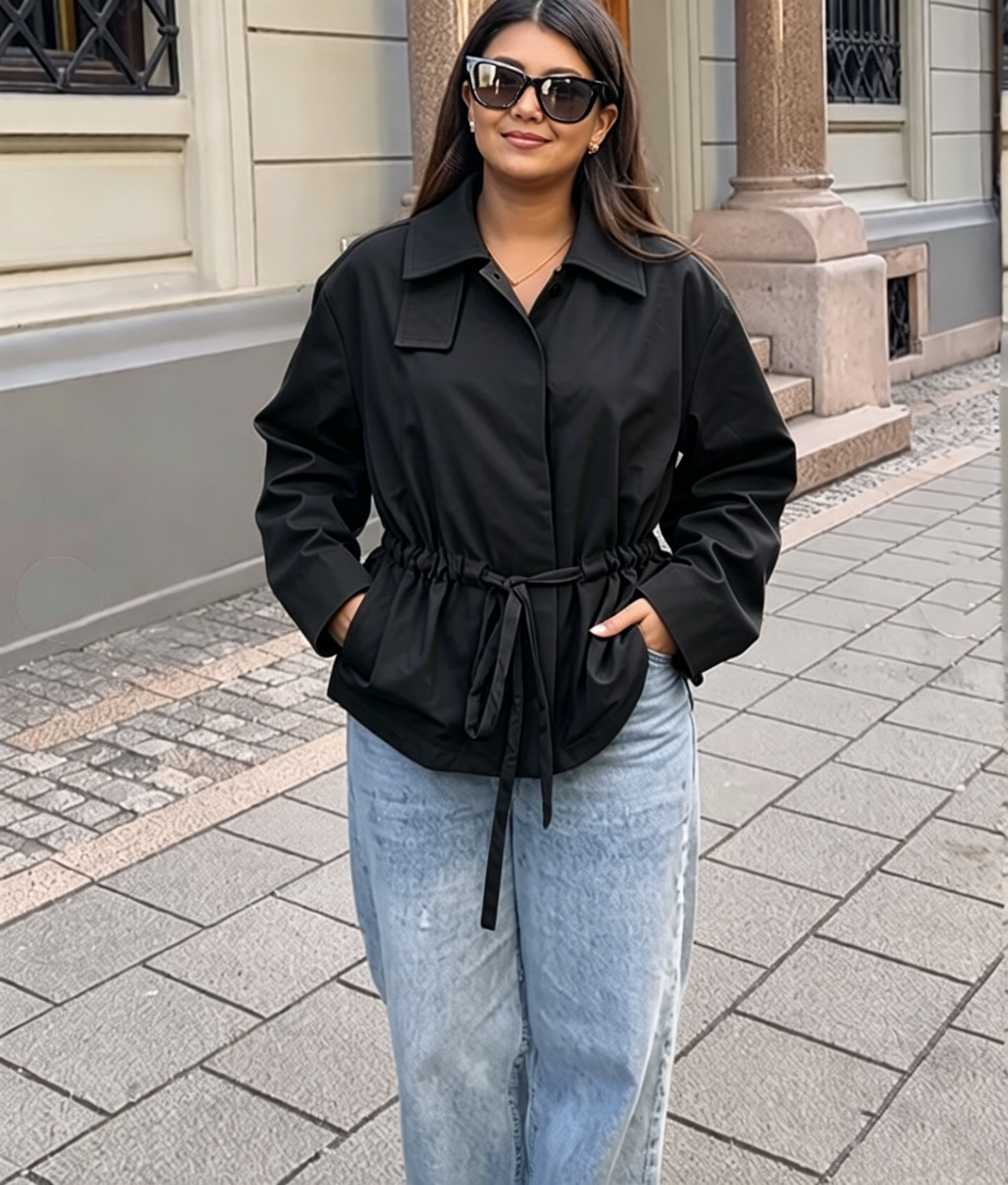Women short trench coat, black, collared with drawstring waist and button front