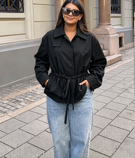 Women short trench coat, black, collared with drawstring waist and button front
