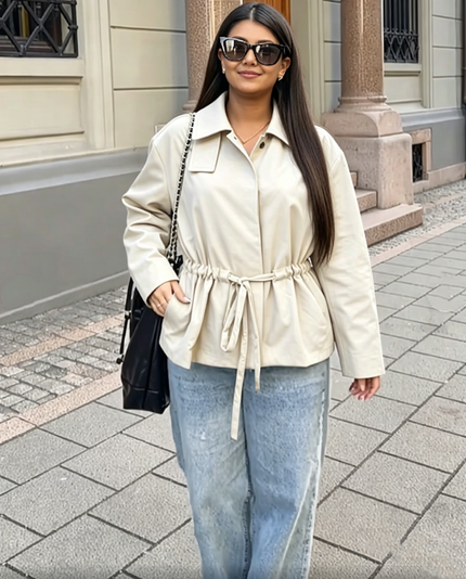 Women short trench coat, beige, collared with drawstring waist and button front