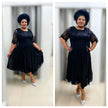 Lace midi dress with lace sleeves and waist ring detail, flared pleated skirt