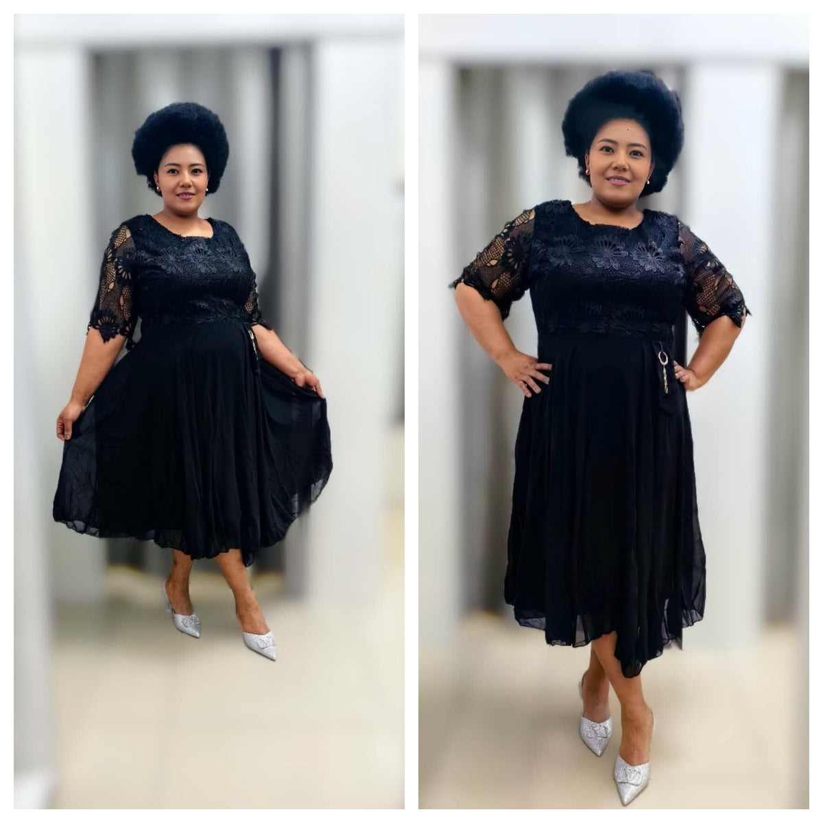 Lace midi dress with lace sleeves and waist ring detail, flared pleated skirt