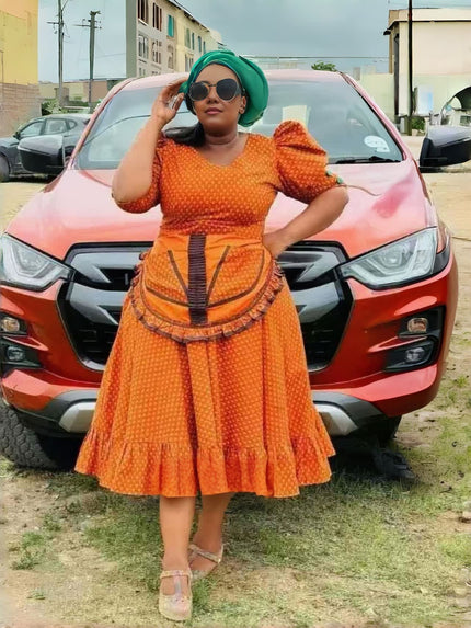 African Style Ethnic Print Puff Sleeve Dress with Front Panel Detail and Flared Hem