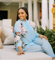 Light blue floral embroidered loose-fit twin set with long sleeves and matching pants