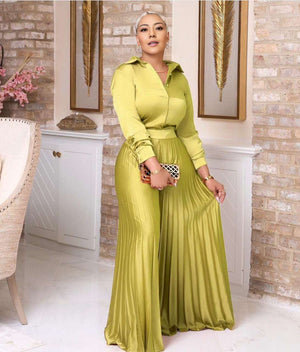 Green-yellow pleated skirt twin set with long-sleeve buttoned top, elastic waist