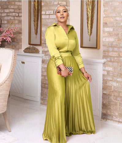 Green-yellow pleated skirt twin set with long-sleeve buttoned top, elastic waist