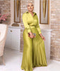 Green-yellow pleated skirt twin set with long-sleeve buttoned top, elastic waist