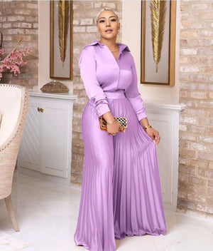 Violet pleated skirt twin set with long-sleeve buttoned top, elastic waist